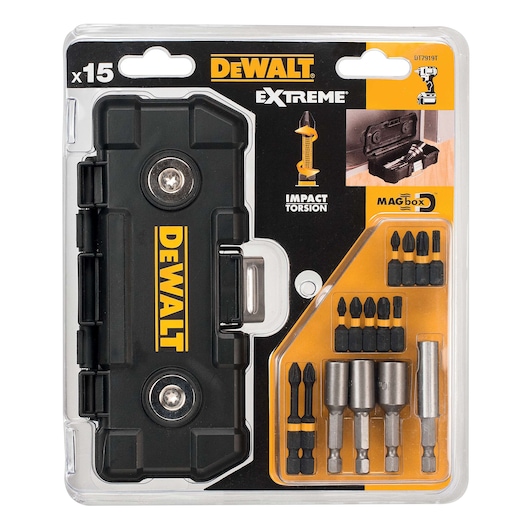 DEWALT DT7919T 15-piece bit set with case for impact drivers, shown in plastic packaging.