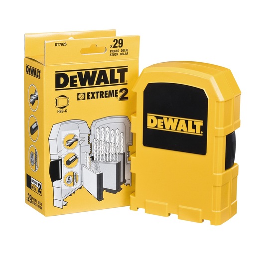 DEWALT DT7926 Extreme2 drill bit set, 29 pieces, yellow and black case, shown with product packaging.