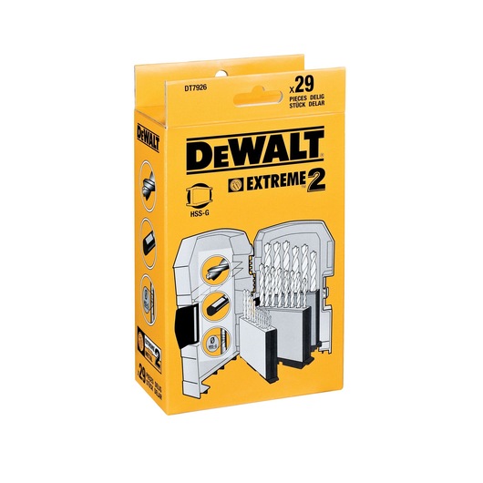 DEWALT Extreme 2 HSS-G drill bit set, model DT7926, in yellow packaging containing 29 pieces. The box shows an illustration of the drill bits in a plastic case.