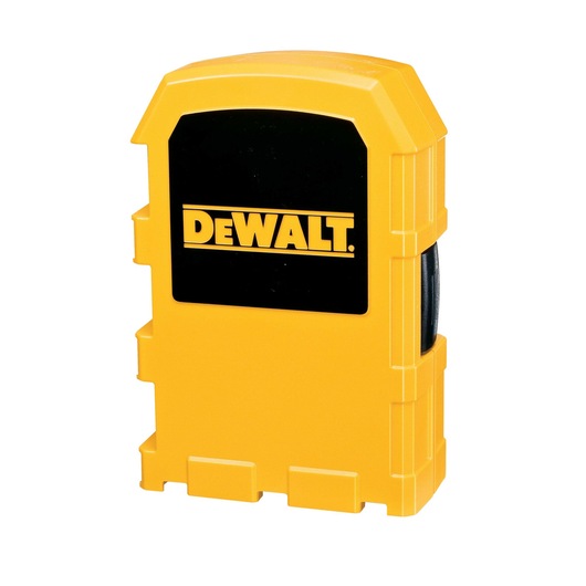 A yellow DEWALT branded plastic case with a black label, designed for holding tools or accessories. The case is upright and features sturdy edges.