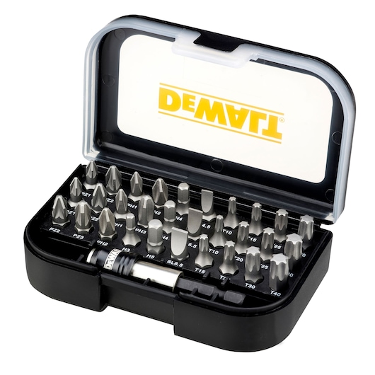 DEWALT bit set in a black case with assorted screwdriver bits and a bit holder, lid open.