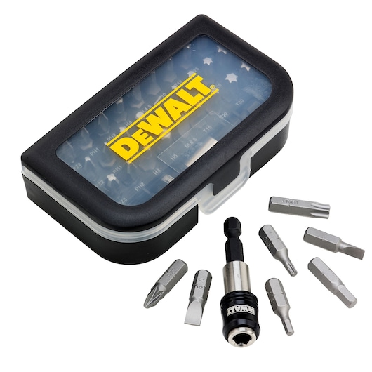 DEWALT bit set in a black plastic case with various metal bits and bit holder arranged outside.