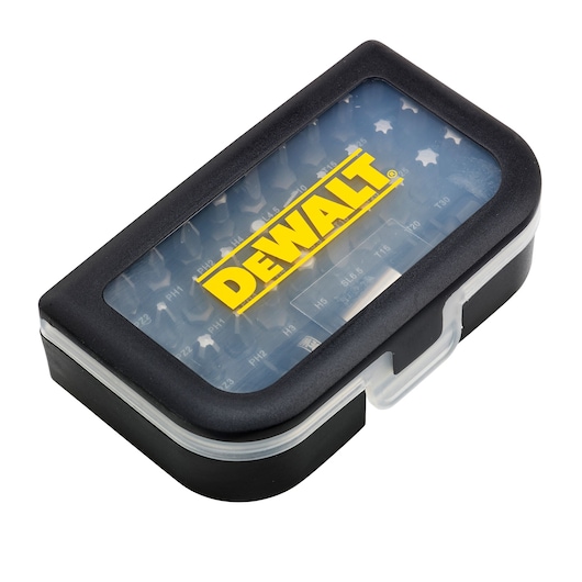 DEWALT black plastic case with a clear lid displaying multiple tool bits inside.