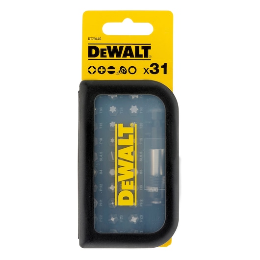 DEWALT DT7944S screwdriver bit set with 31 pieces in a black and yellow case.