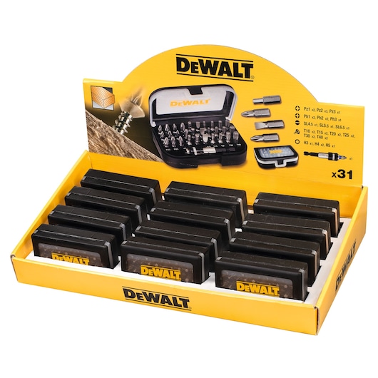 DEWALT bit set display box with multiple compact cases, yellow branding, and 31-piece assortment shown.