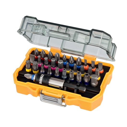 A DEWALT bit set in a yellow plastic case with a transparent lid, containing multiple screwdriver bits in different shapes and colors, arranged neatly in rows.
