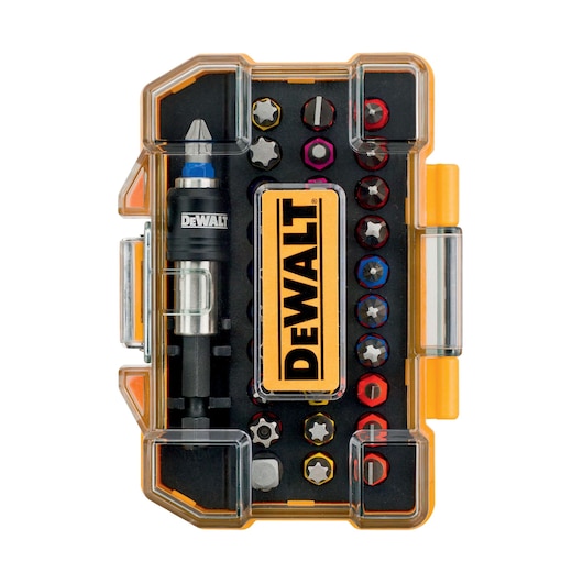 DEWALT DT7969 bit set in hard plastic case with various screwdriver bits arranged inside.