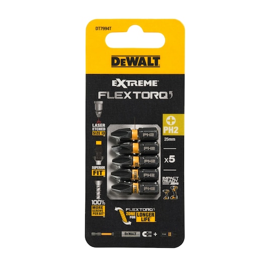 DEWALT DT7994T pack of 5 Extreme FlexTorq PH2 screwdriver bits, 25mm, impact ready, in retail packaging.