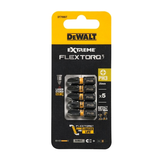 Pack of five DEWALT Extreme FLEXTORQ PH3 25mm screwdriver bits in blister packaging. The packaging features black and yellow colors, and indicates laser etched size ID, impact ready, and longer life zone for the bits.