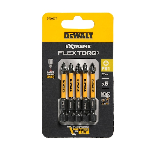 DEWALT DT7997T FlexTorq PH1 screwdriver bits set, pack of 5, 57mm, in retail packaging.