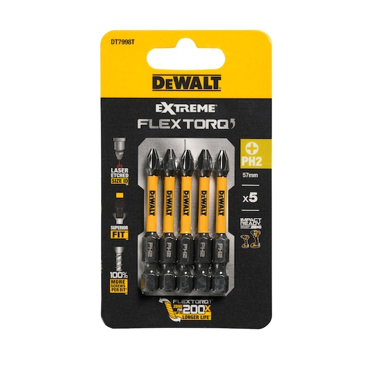 A DEWALT branded blister pack containing five Extreme FlexTorq PH2 screwdriver bits, size 57mm, model number DT7998T. The packaging highlights features such as impact readiness, superior fit, laser etched size, and longer life. The package is yellow and black with clear plastic over the bits.