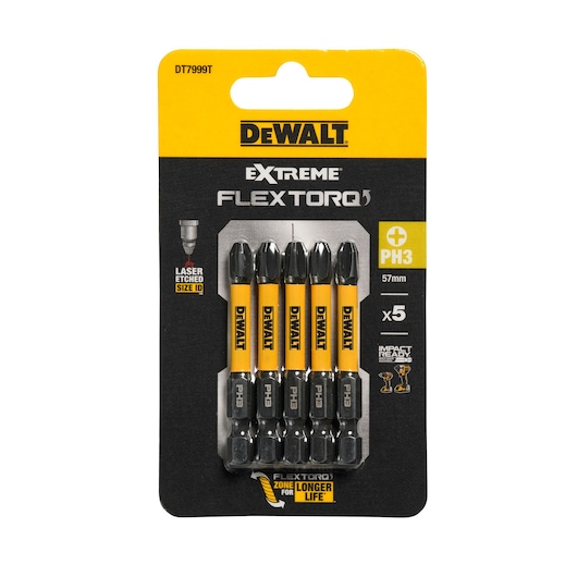 DEWALT FLEXTORQ PH3 screwdriver bits, pack of 5, 57mm, impact ready, yellow and black packaging.