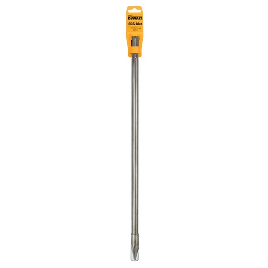 A DEWALT SDS-Max drill bit in its packaging, featuring a long metal shaft and a pointed tip, displayed vertically against a white background.