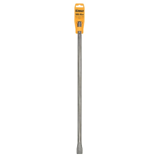 A DEWALT SDS-Max chisel with a flat tip, displayed vertically with yellow packaging on top.