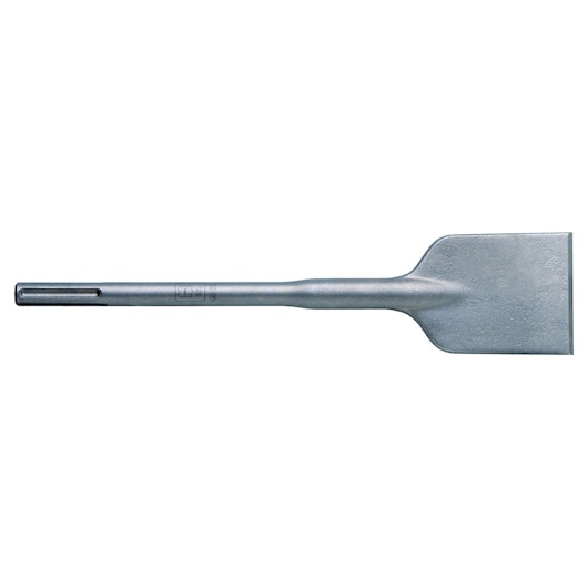 Flat metal SDS chisel from DEWALT, used for breaking or removing materials in construction and demolition jobs.