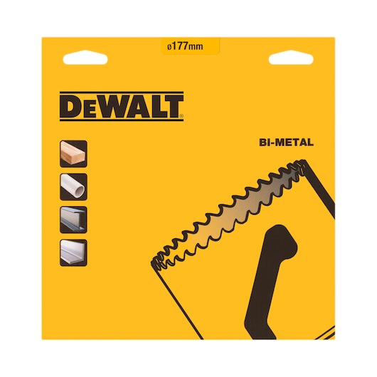 Front view of a yellow DEWALT product packaging for a bi-metal hole saw with a 177mm diameter. The packaging has icons showing its use for wood, plastic pipes, metal, and other materials, with DEWALT brand name and BI-METAL label prominently displayed.