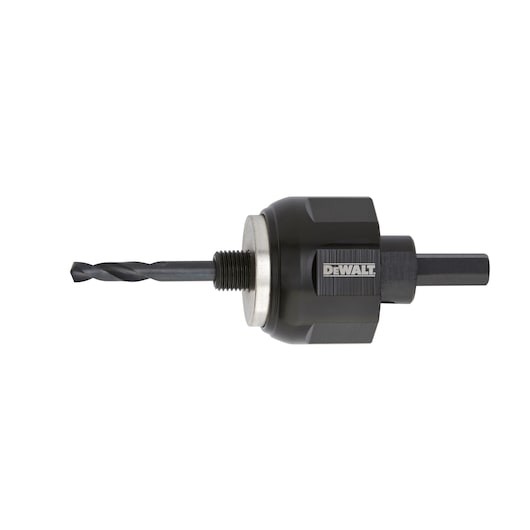 A DEWALT branded hole saw arbor with pilot drill bit, designed for use with power tools.