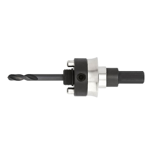 DEWALT DT8288 metal hole saw drill bit arbor with pilot drill for power tools, on white background.