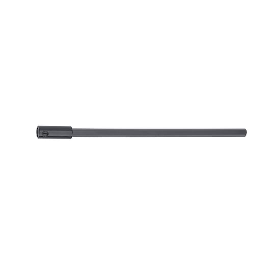 A long, straight, black hexagonal drill extension rod with a cylindrical connector at one end.