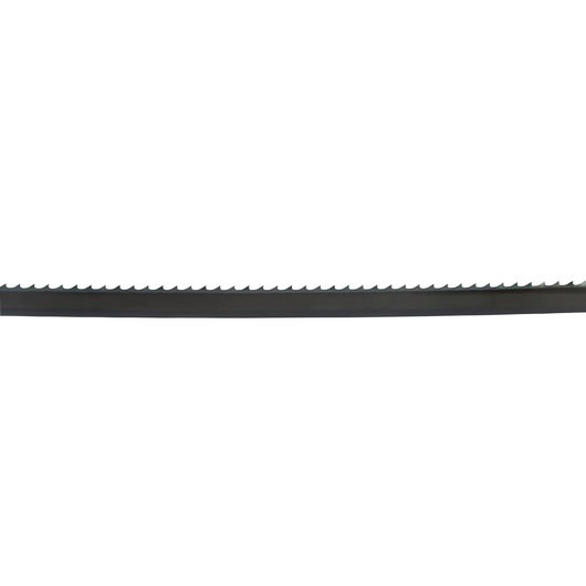A close-up image of a DEWALT DT8472 bandsaw blade with sharp, evenly spaced teeth, shown horizontally against a white background.