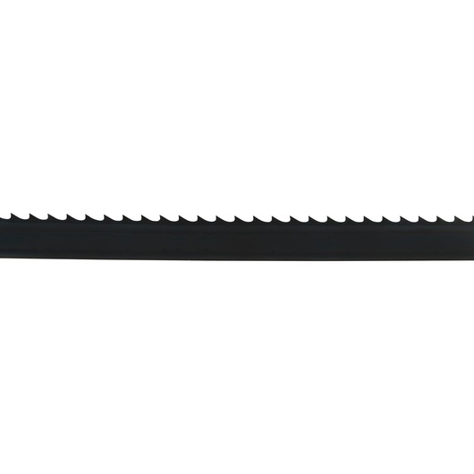 Close-up of a black saw blade with sharp teeth against a white background.