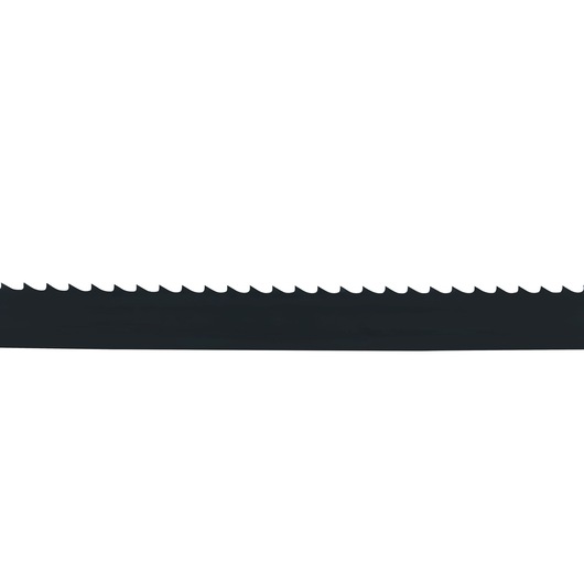 Close-up of a DEWALT bandsaw blade with sharp teeth, shown against a white background.