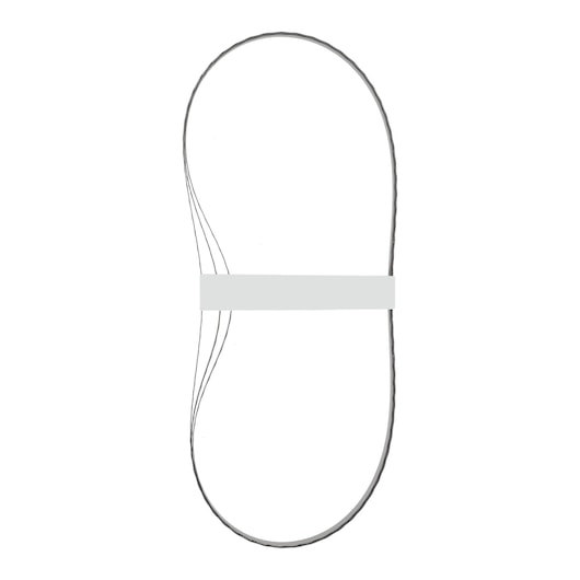 A coiled metal bandsaw blade with a white strip holding it together, shown against a plain white background.