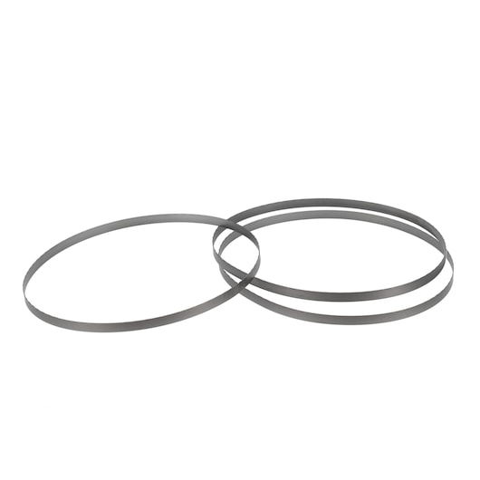 Two DEWALT bandsaw blades are shown, laid flat and overlapping on a white background.