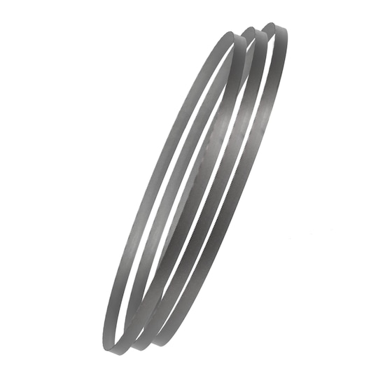 Three metal bandsaw blades from DEWALT, shown coiled, suitable for cutting various materials.
