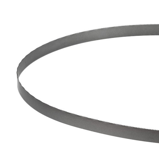 A metal bandsaw blade with fine teeth, shown in a circular shape against a white background.