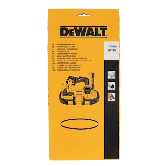 DEWALT portable band saw blades packaging, orange box showing product details and a band saw illustration.