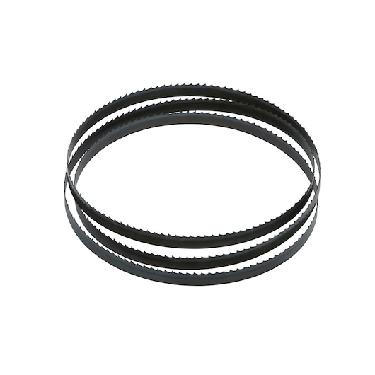 A DEWALT band saw blade, shown as a metal loop with sharp teeth, used for cutting materials.