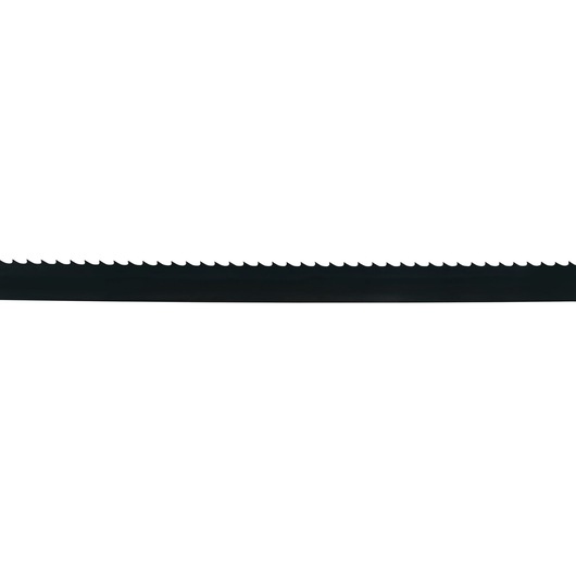 A close-up image of a long, black saw blade with sharp teeth, photographed against a white background.