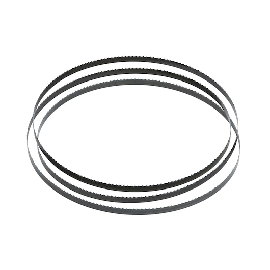 Three DEWALT band saw blades with toothed edges, coiled in a circular shape against a white background.
