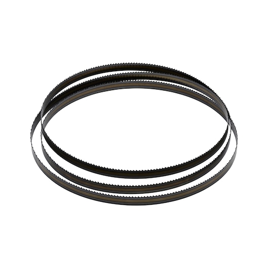 Round metal bandsaw blade with fine teeth, shown coiled for storage and transport.