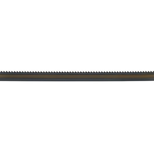 A straight metal saw blade with sharp teeth, shown against a white background.