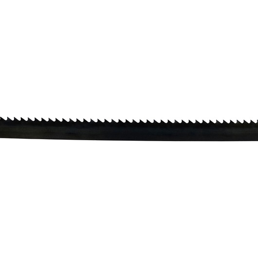 Close-up of a black saw blade with sharp teeth against a white background.