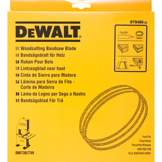 DEWALT DT8486 woodcutting bandsaw blade packaging with multilingual info and product illustrations.