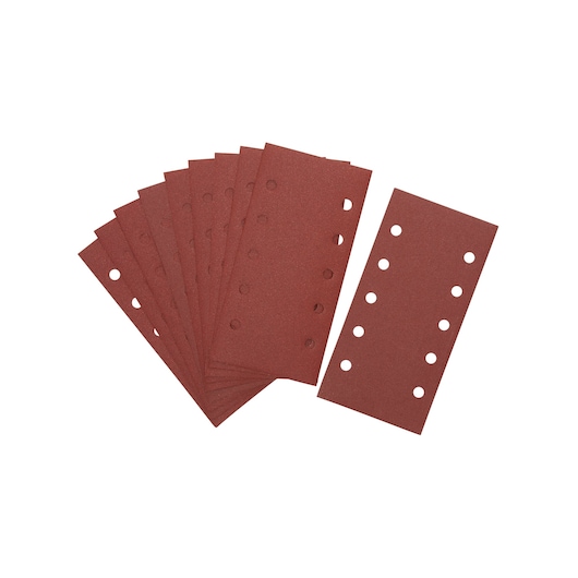 A set of rectangular red sanding sheets with multiple holes, arranged in a fan shape. The sheets are designed for use with power sanders.