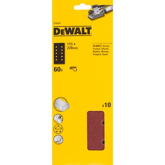 Package of DEWALT DT8550 sanding sheets, 115 x 228 mm, 60 grit, suitable for multiple brands of sanders, with ten sheets visible in the pack. The packaging is yellow, shows compatibility icons and materials like wood, metal, PVC, and plaster.