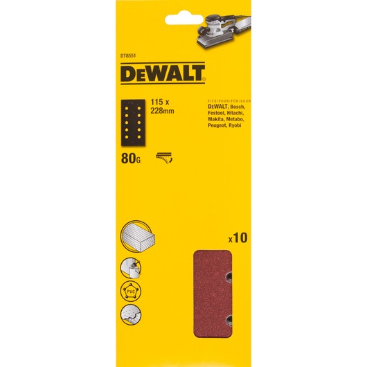 DEWALT DT8551 sanding sheets, 115x228mm, 80 grit, pack of 10 for multi-material, yellow packaging.