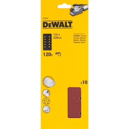 Front view of DEWALT DT8552 sandpaper sheet pack, 120 grit, size 115 x 228 mm, suitable for various brands of sanders. The packaging is yellow and includes graphics showing material compatibility and quantity of 10 sheets.