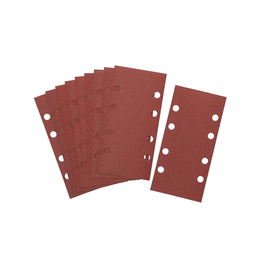 Stack of rectangular DEWALT sanding sheets with round holes, suitable for power sanders.