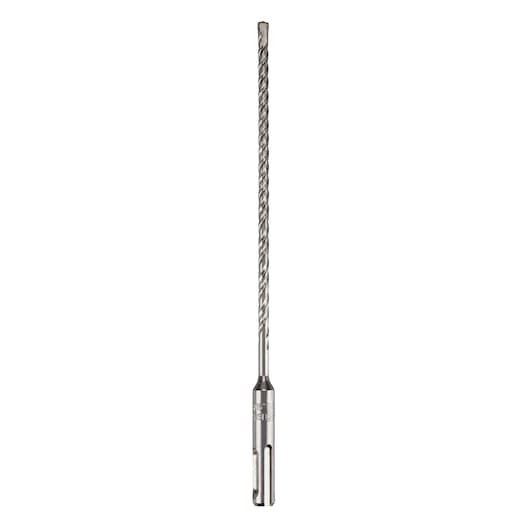 A long, metallic SDS drill bit with a spiral design, shown upright against a white background.