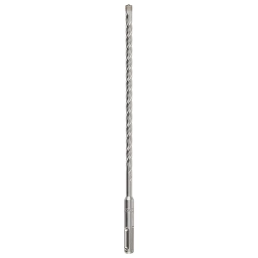 A long, silver DEWALT SDS-plus rotary hammer drill bit with spiral flutes and a carbide tip, shown vertically on a white background.