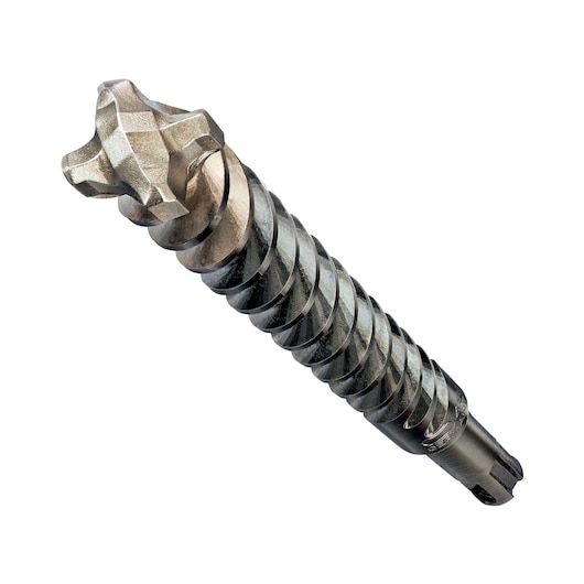 Close-up of a metal DEWALT rotary hammer drill bit with a multi-edged tip and spiral fluting, designed for masonry or concrete drilling.