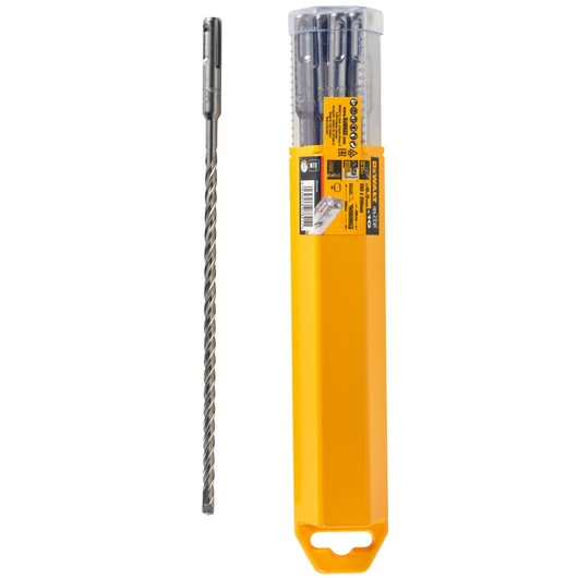 A DEWALT DT8961 masonry drill bit displayed next to its yellow plastic storage case, which contains multiple drill bits and has a clear top and product label.