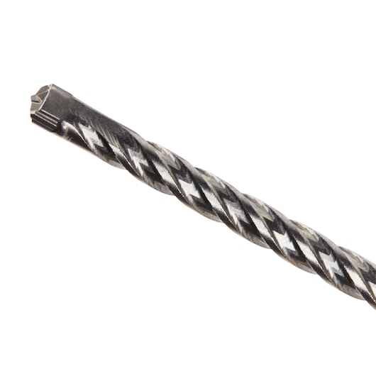 Close-up of the tip and shaft of a DEWALT rotary hammer drill bit with a spiral fluted design, used for drilling into tough materials like concrete.