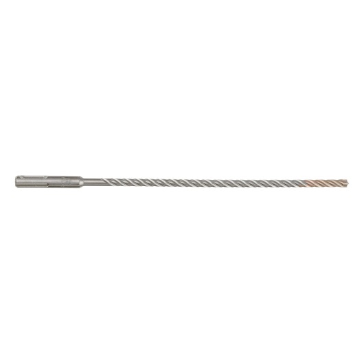 Long, metal SDS drill bit with spiral grooves for masonry drilling, shown against a white background.