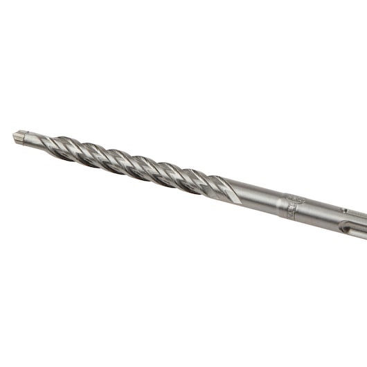 A close-up image of a metal masonry drill bit with a spiral flute design and a pointed tip.